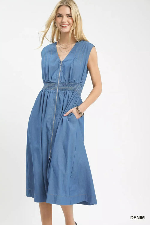 Hazel Blues® |  Umgee Denim Sleeveless Zip-Front Smocked Waist Midi Dress