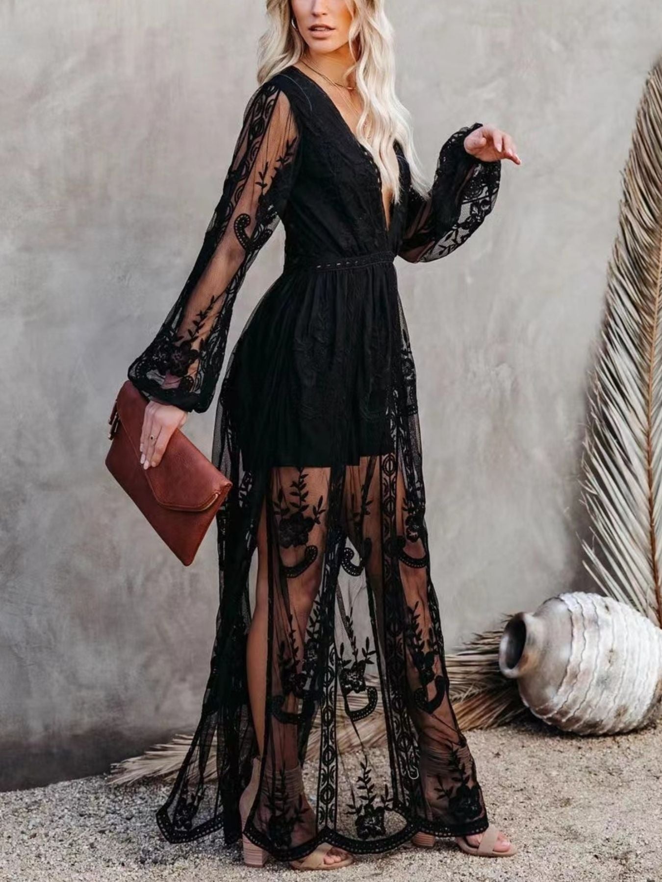 Hazel Blues® |  Floral Lace Slit Maxi Dress
