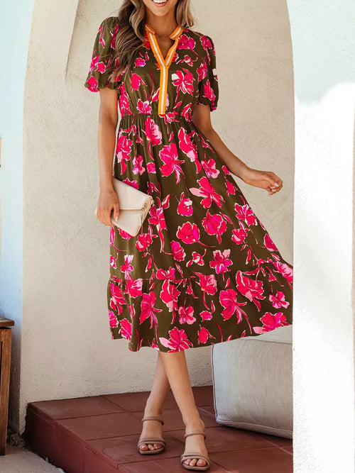 Hazel Blues® |  Floral Print Split Neck Short Puff Sleeve Ruffle Hem Dress