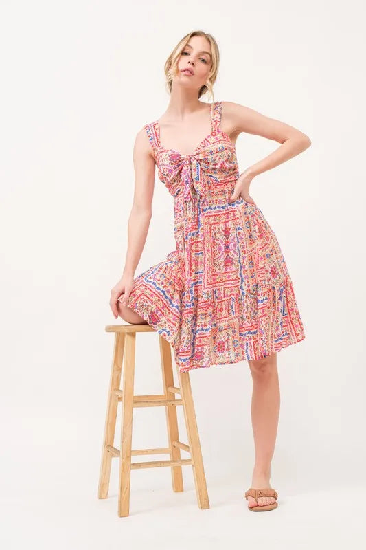 Hazel Blues® |  And The Why Tied Front Smocked Back Tiered Boho Printed Dress