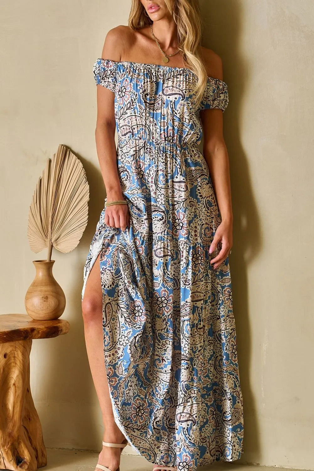 Hazel Blues® |  Boho Paisley Print Off Shoulder Maxi Dress