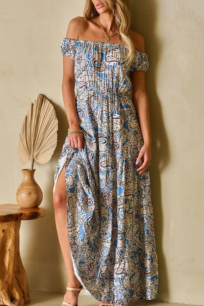 Hazel Blues® |  Boho Paisley Print Off Shoulder Maxi Dress