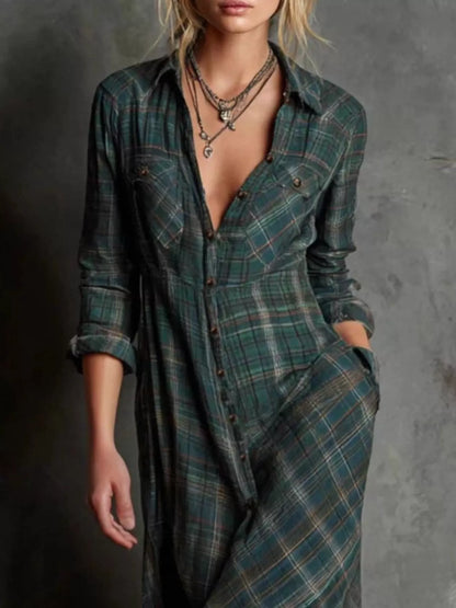 Hazel Blues® | Plaid Button-Down Maxi Dress