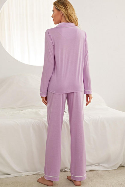 Hazel Blues® |  Contrast Piping Button Down Top and Pants Loungewear Set