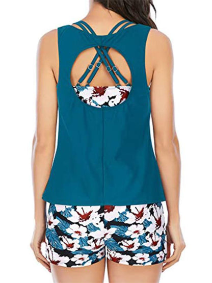Hazel Blues® | Cutout Printed Round Neck Three-Piece Swim Set