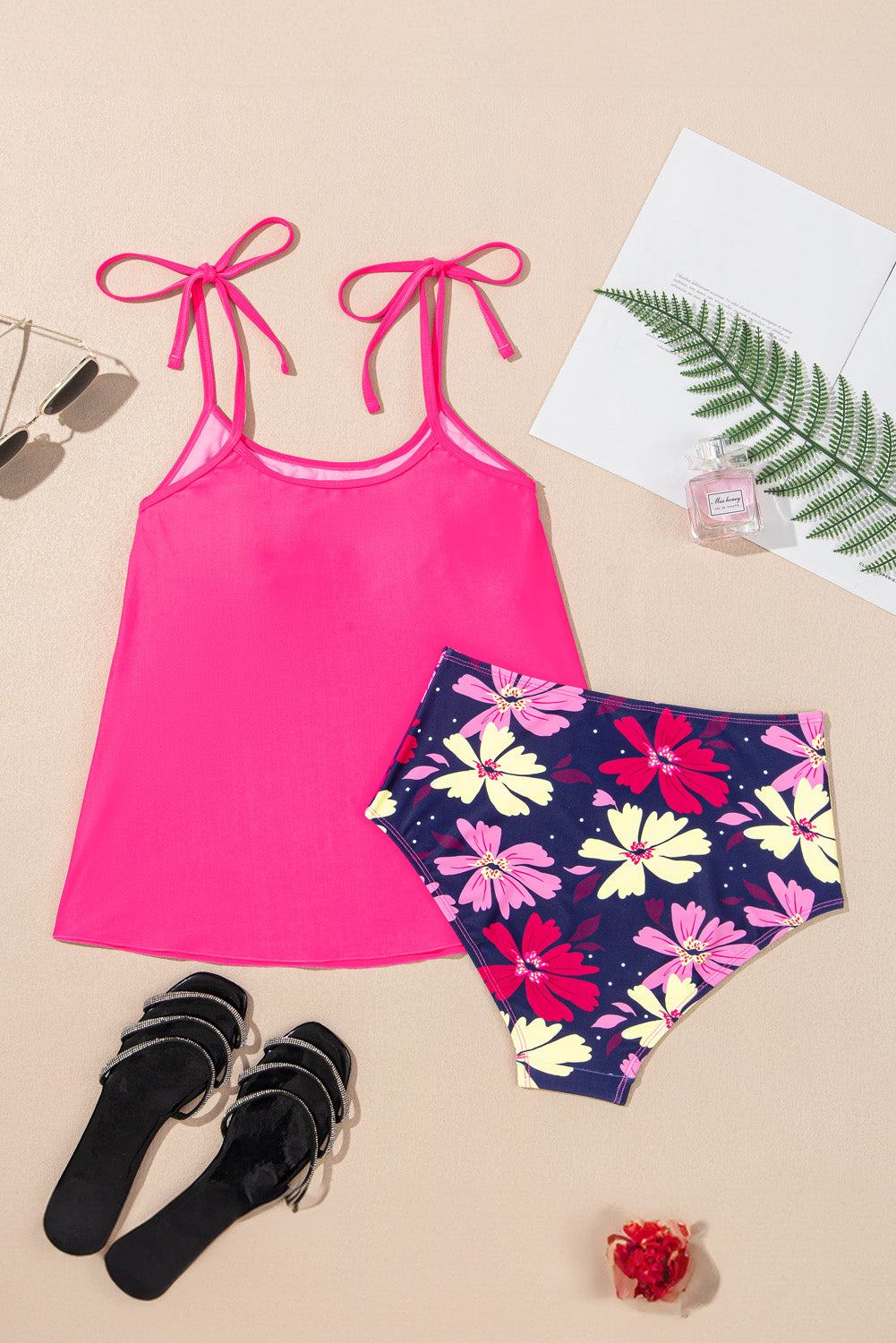 Hazel Blues® | Rose Red Tie Shoulder Floral Print Cute Tankini Set