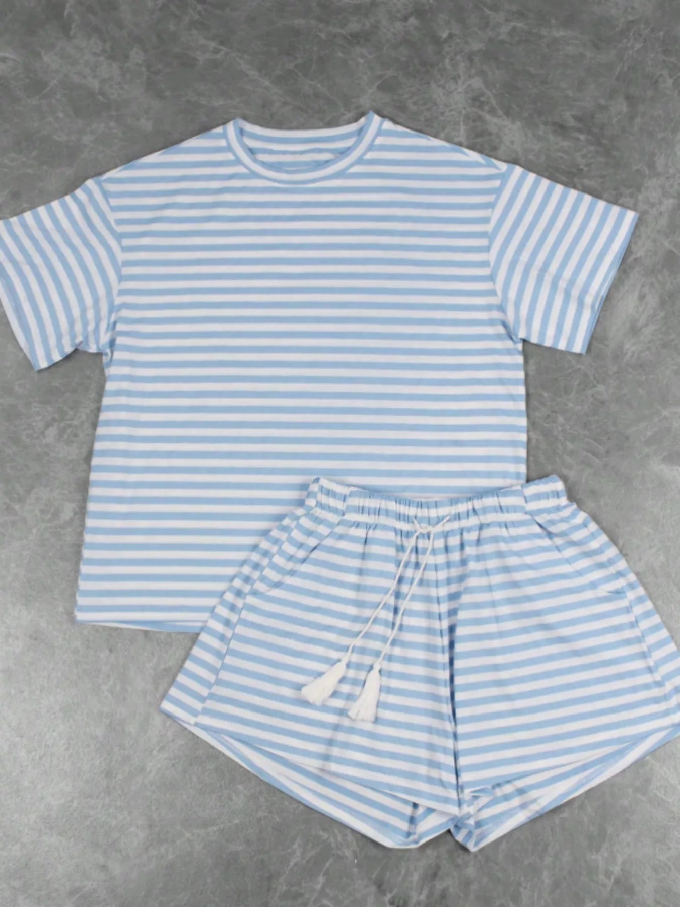 Hazel Blues® |  Striped Short Sleeve Tee and Drawstring Shorts Set