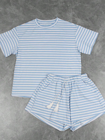 Hazel Blues® |  Striped Short Sleeve Tee and Drawstring Shorts Set