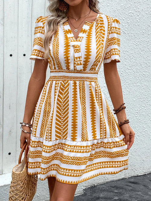 Hazel Blues® |  Perfee Geometric Notched Short Sleeve Mini Dress