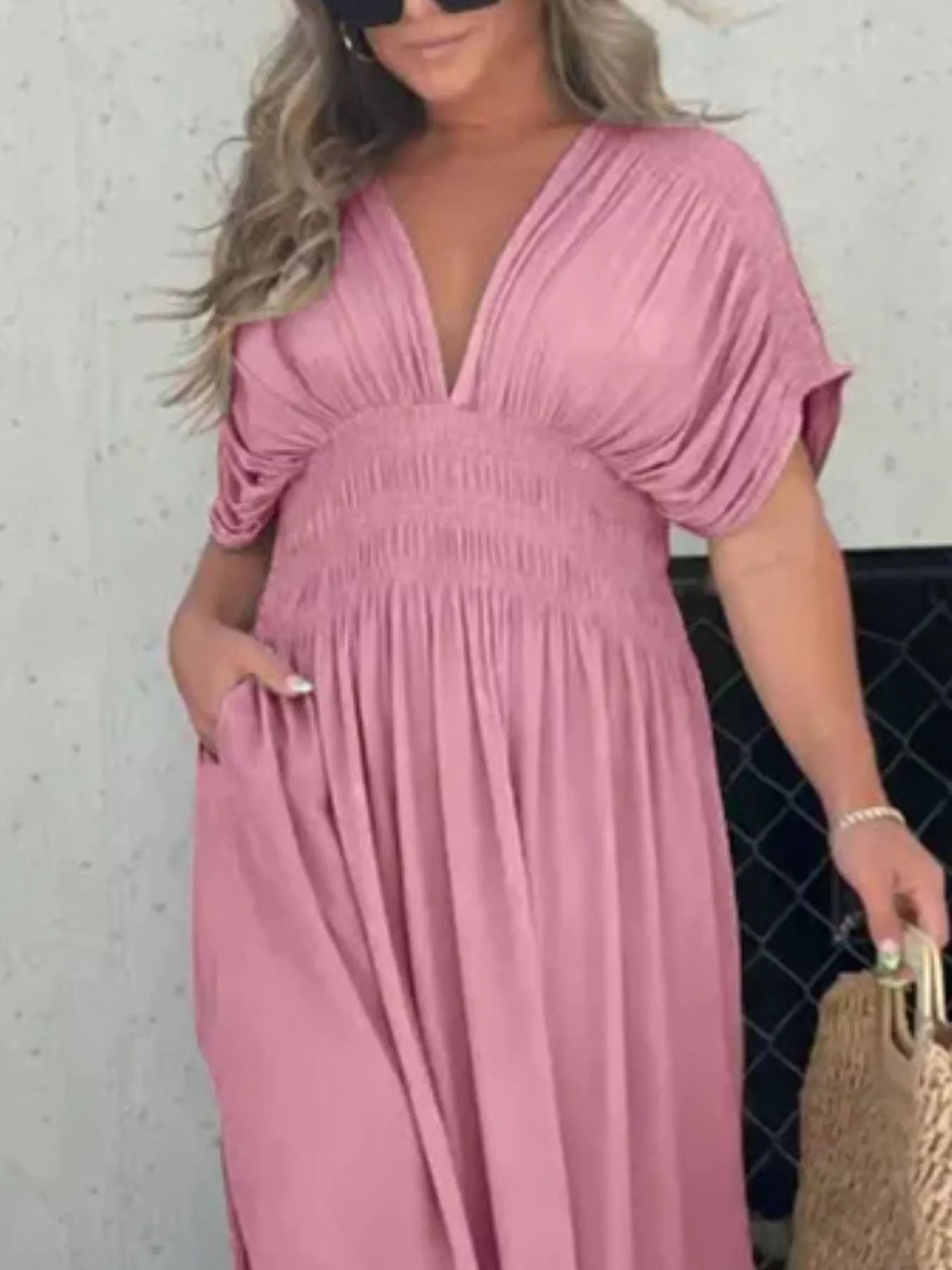 Hazel Blues® | Slit V-Neck Smocked Waist Maxi Dress