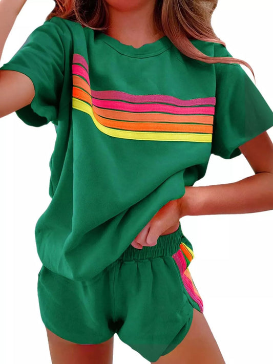 Hazel Blues® |  Rainbow Striped Round Neck Top and Shorts Set