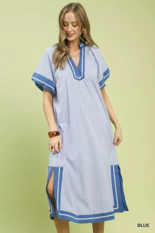 Hazel Blues® |  Umgee Pinstripe Contrast Trim Midi Dress