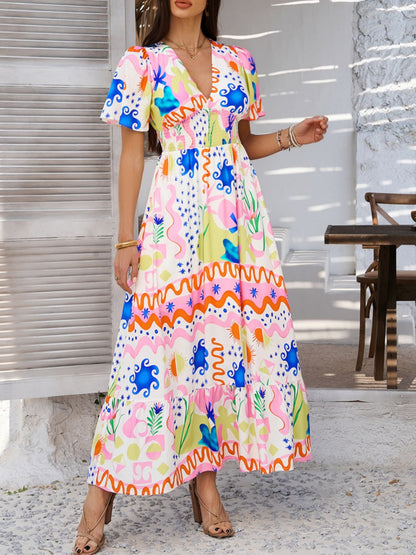 Hazel Blues® |  Devine Smocked Printed V-Neck Short Sleeve Maxi Dress