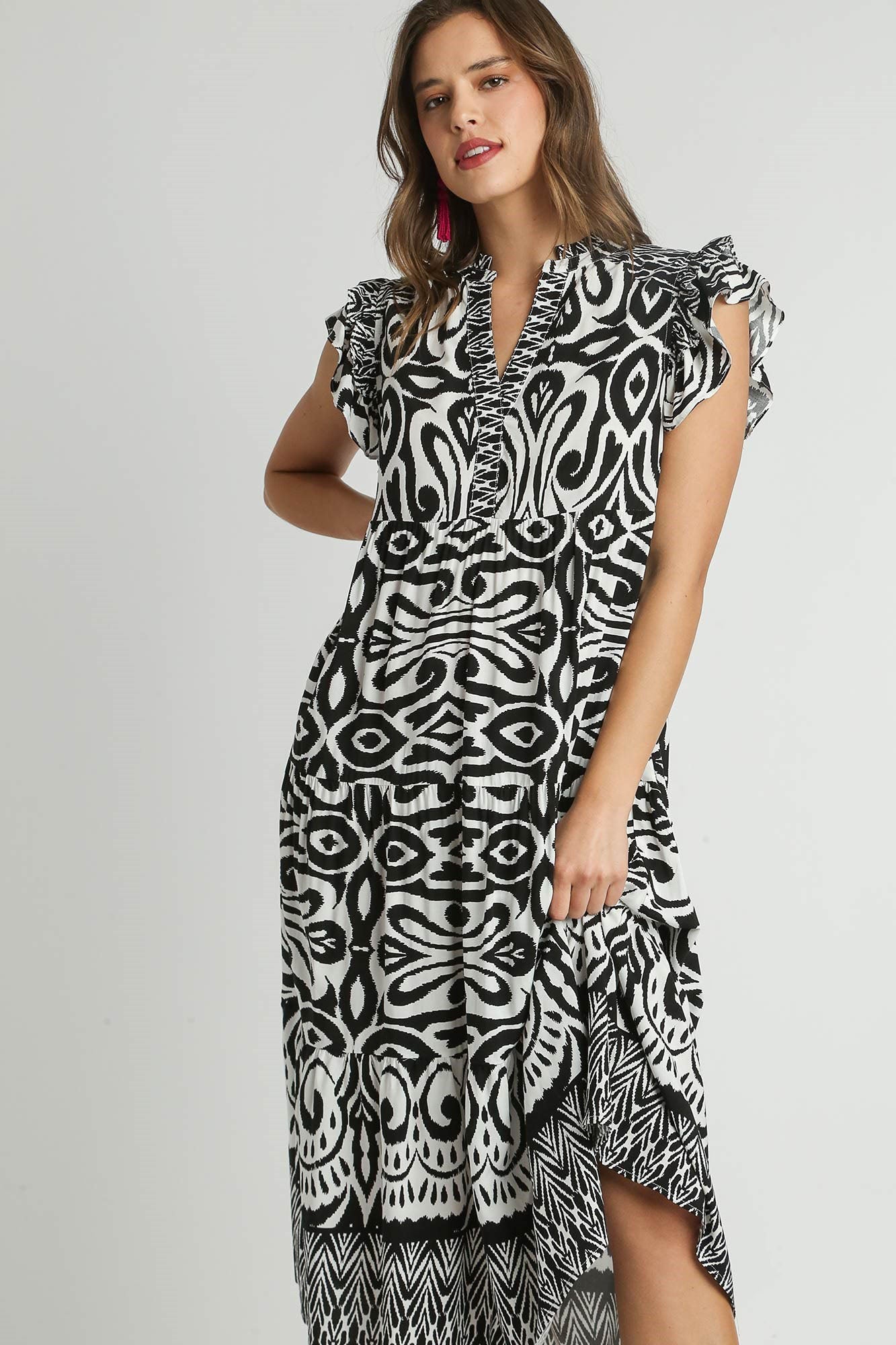 Hazel Blues® | Umgee Two Tone Border Print Ruffle Cap Sleeve Midi Dress