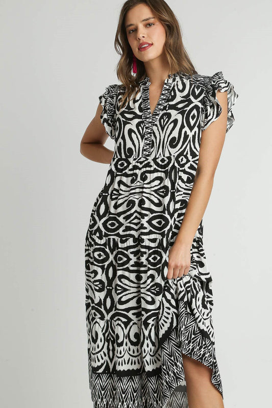 Hazel Blues® | Umgee Two Tone Border Print Ruffle Cap Sleeve Midi Dress
