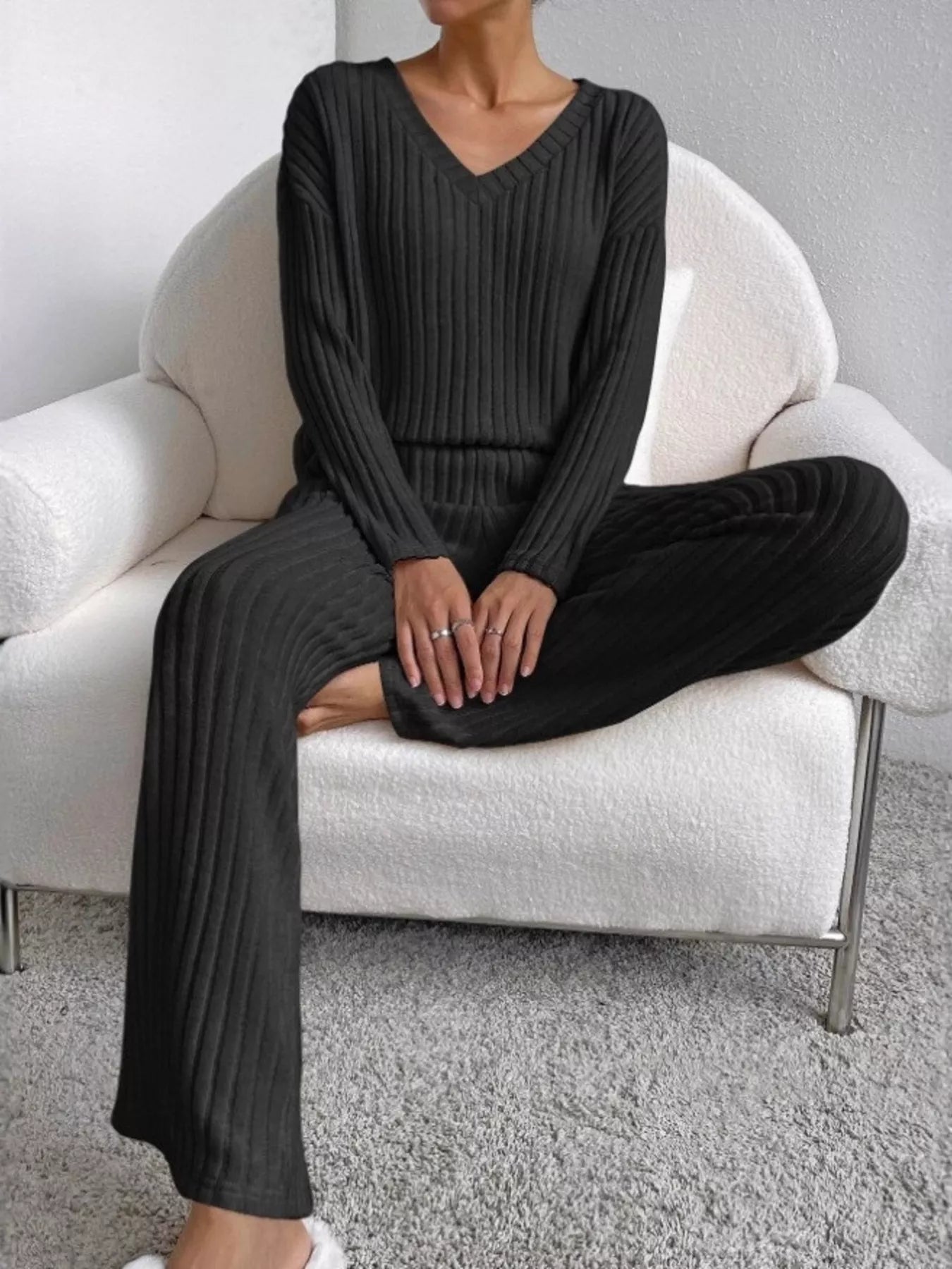 Hazel Blues® |  Ribbed Knit V-Neck Top and Pants Set