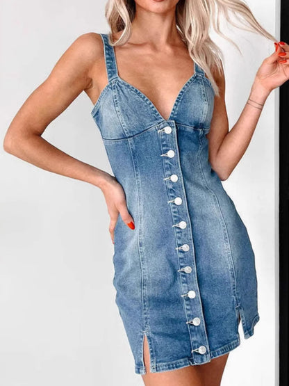 Hazel Blues® |  Button Front Sweetheart Neck Denim Mini Dress