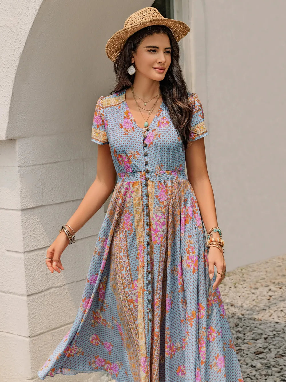 Hazel Blues® |  Smocked Floral V-Neck Short Sleeve Midi Dress
