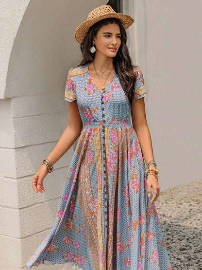 Hazel Blues® |  Smocked Floral V-Neck Short Sleeve Midi Dress