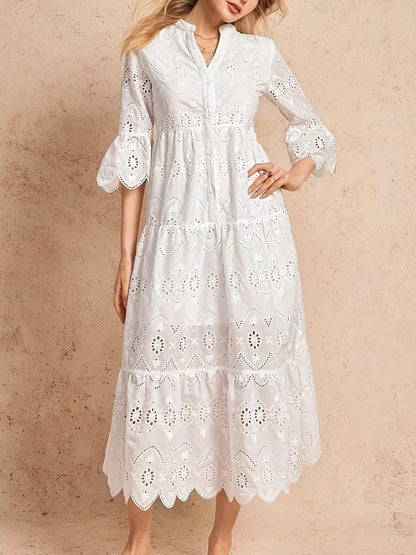 Hazel Blues® |  Eyelet Notched Tiered Midi Dress