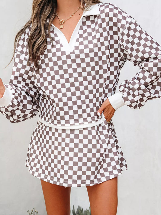 Hazel Blues® |  Checkered Print Polo Collar Cropped Long Sleeve Top and Drawstring Mini Skirt Set