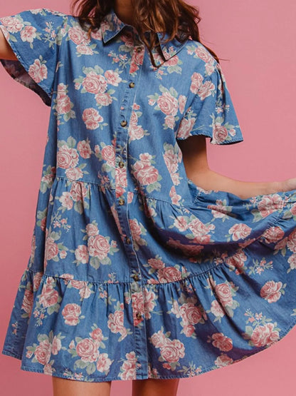 Hazel Blues® |  Floral Print Denim Button-Down Tiered Mini Dress