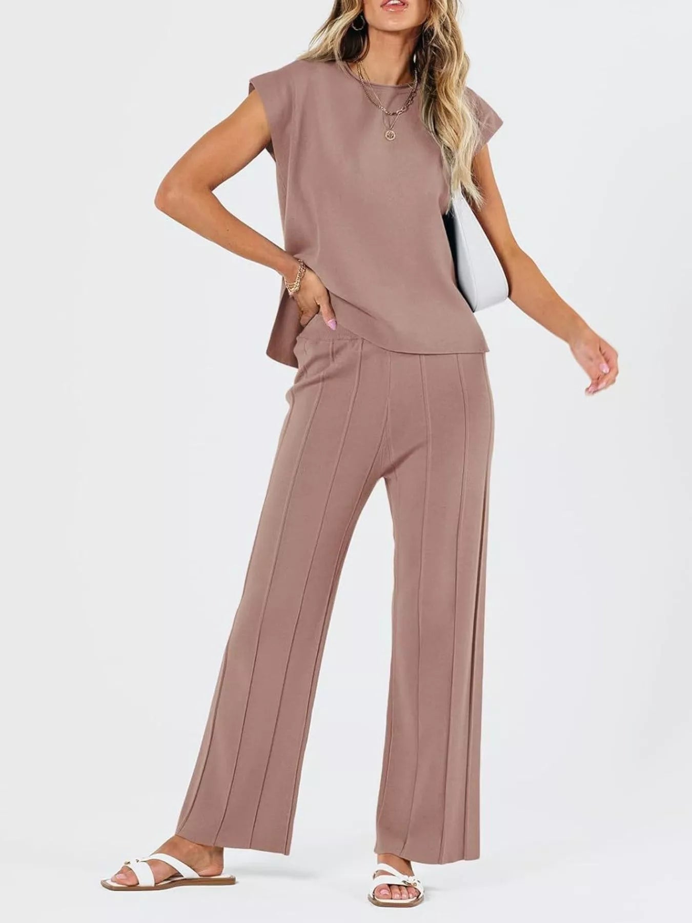 Hazel Blues® |  Casual Solid Color Cap Sleeve Top and Pants Knit Set