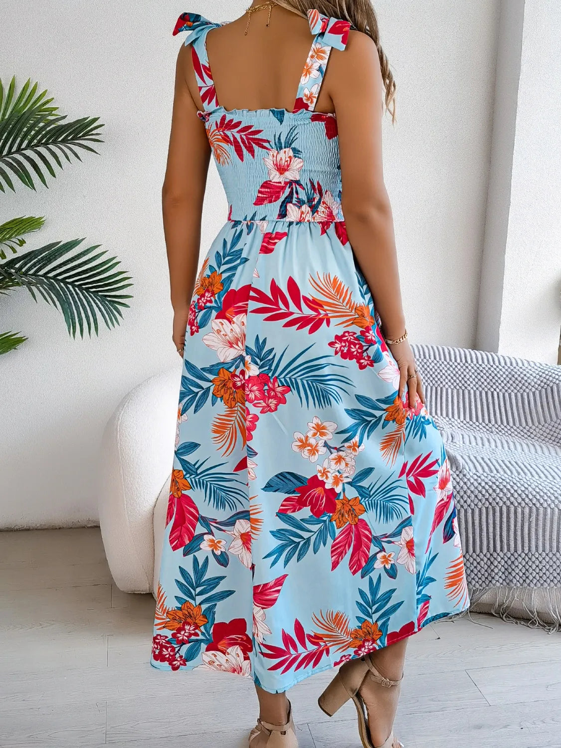 Hazel Blues® |  Smocked Floral Tie Shoulder Midi Dress
