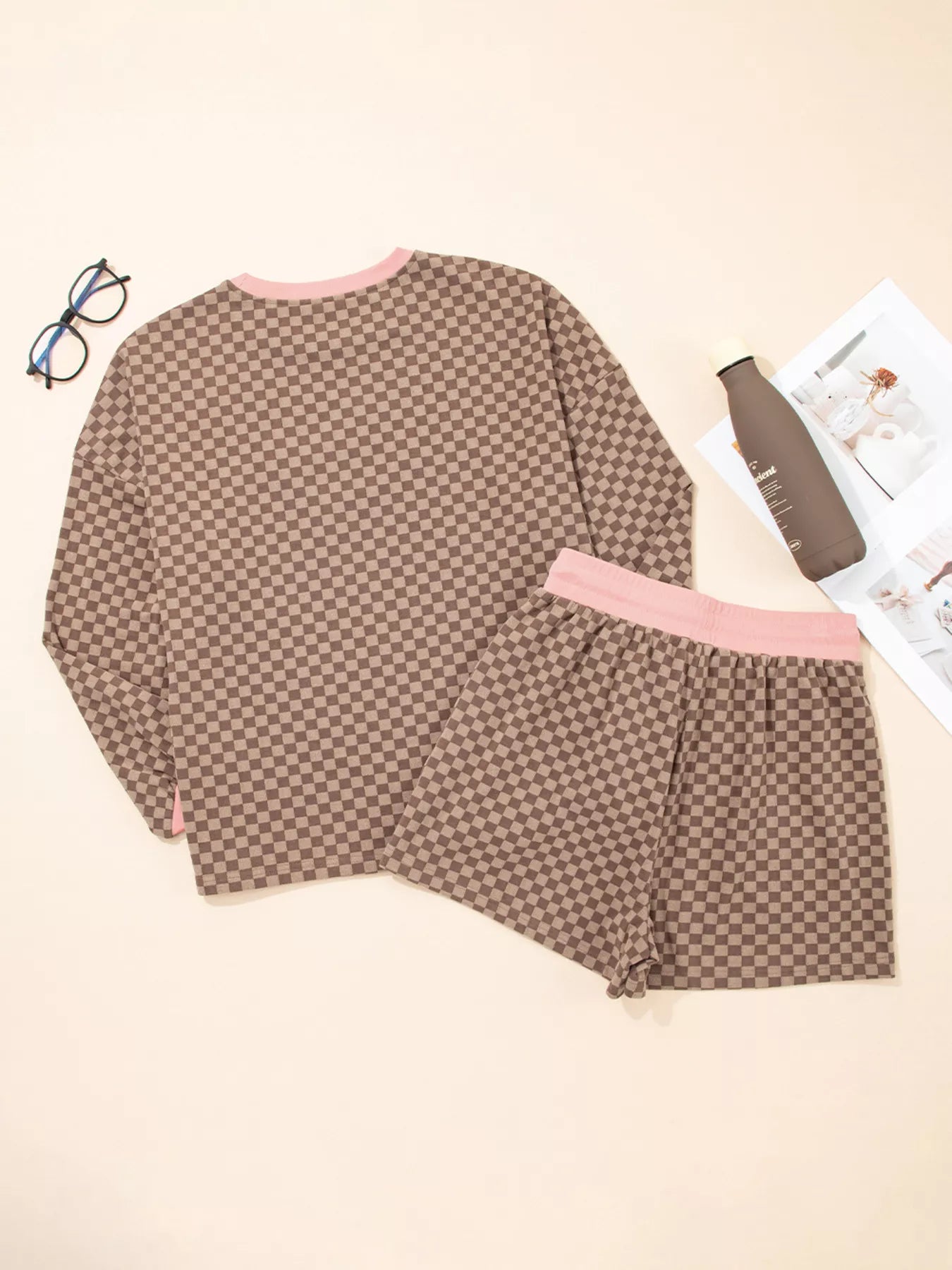 Hazel Blues® |  Checkerboard Long Sleeve Pullover and Shorts Set