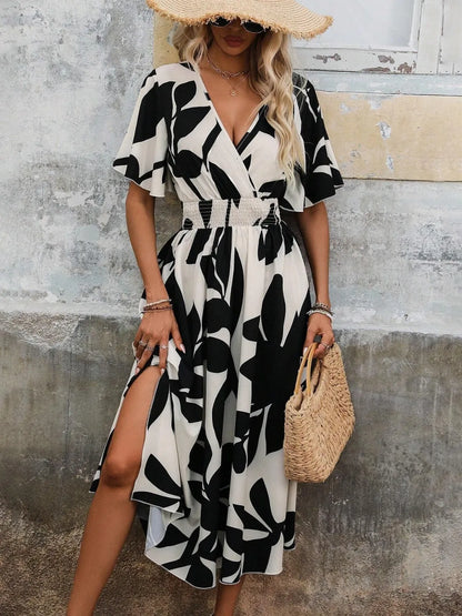 Hazel Blues® |  Printed Surplice Short Sleeve Midi Dress