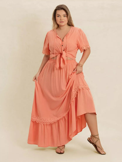 Hazel Blues® | Lace Detail Tie Neck Top and Skirt Set