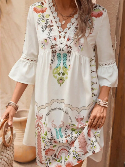 Hazel Blues® |  Lace Detail Printed Three-Quarter Sleeve Dress