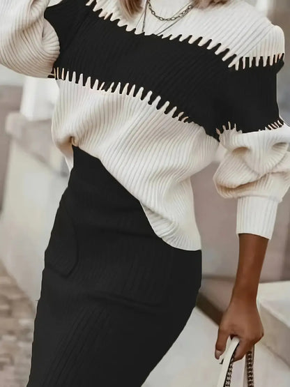 Hazel Blues® |  Two-Tone Ribbed Knit Top and Skirt Sweater Set