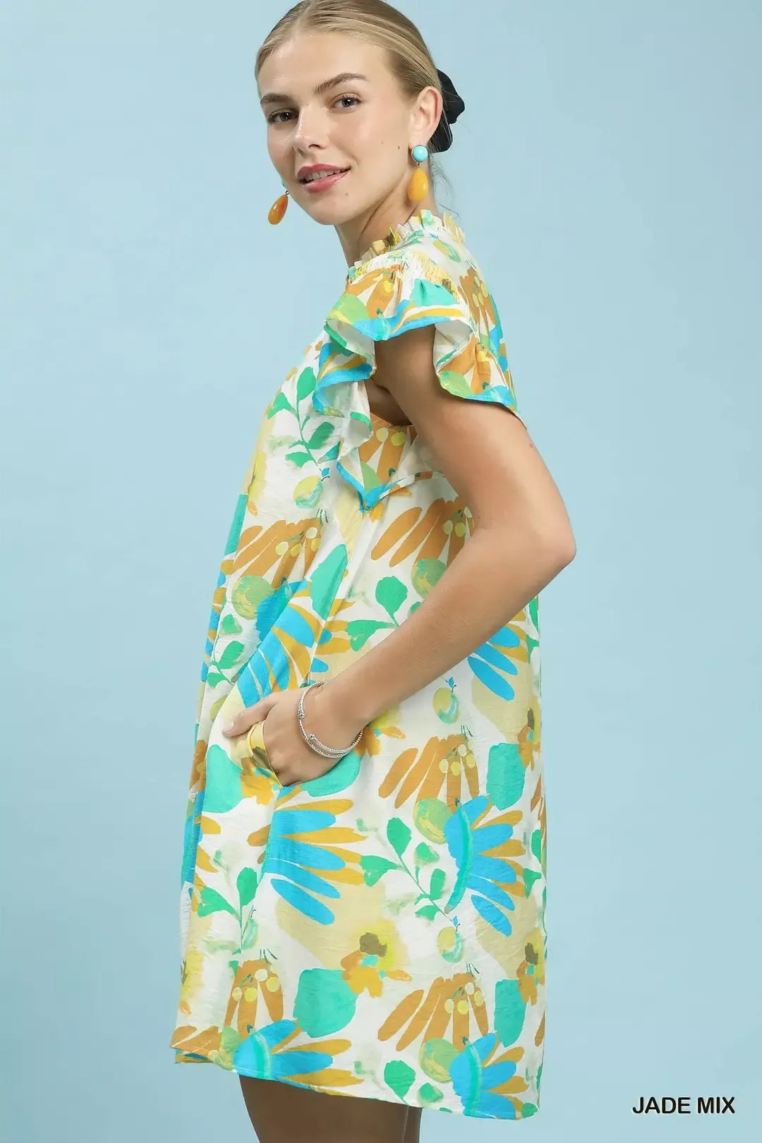 Hazel Blues® |  Umgee Ruffled Botanical Print Mini Dress