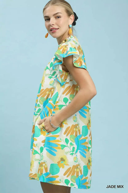 Hazel Blues® |  Umgee Ruffled Botanical Print Mini Dress