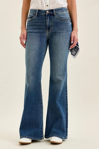 Hazel Blues® |  Judy Blue Mid Rise Jaqueline Flare with Triple Needle Back Pkts and Bandana Loop