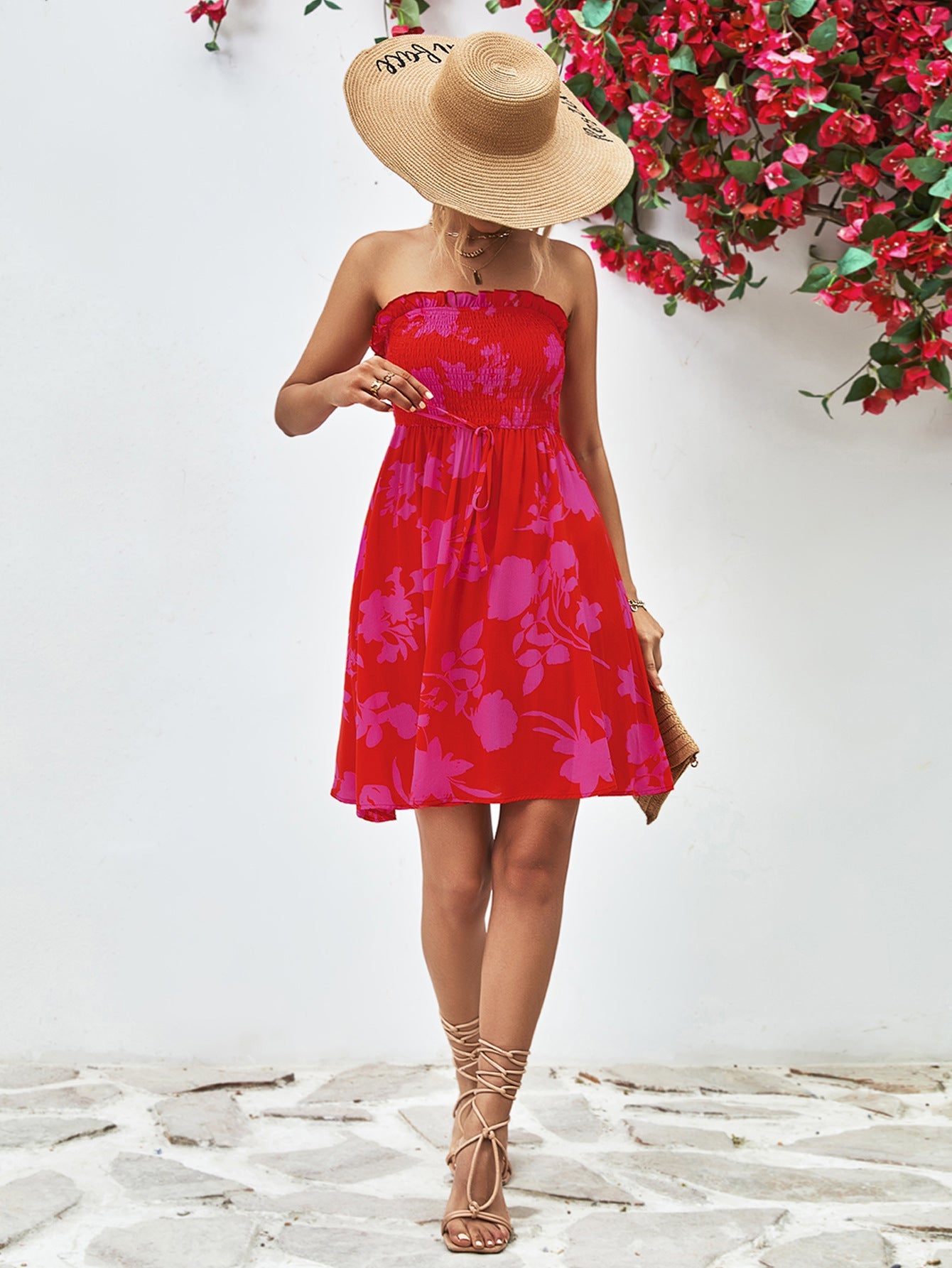 Hazel Blues® |  Floral Frill Trim Strapless Smocked Dress