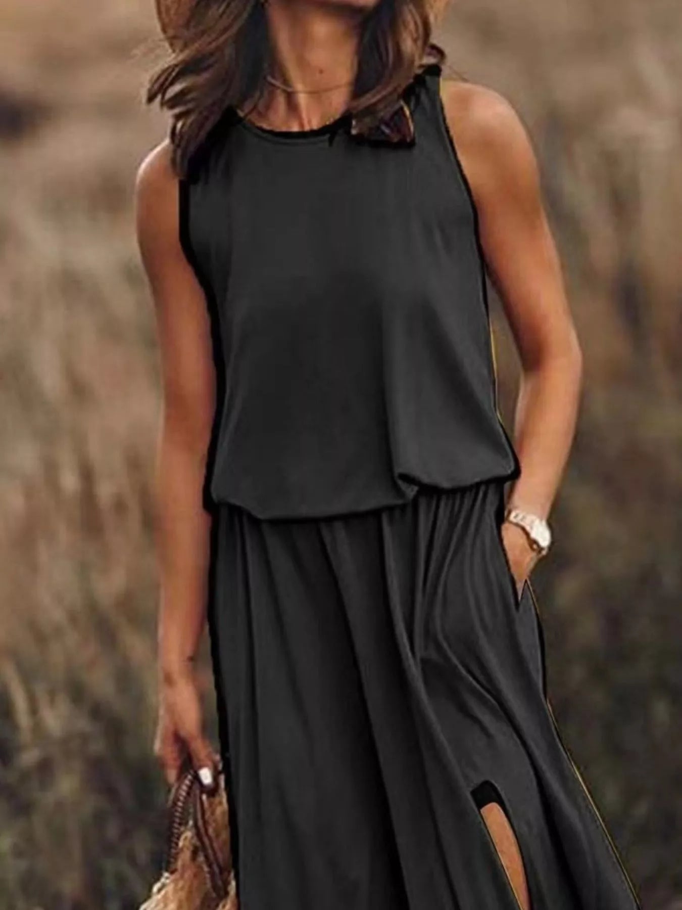 Hazel Blues® | Round Neck Sleeveless Slit Maxi Dress