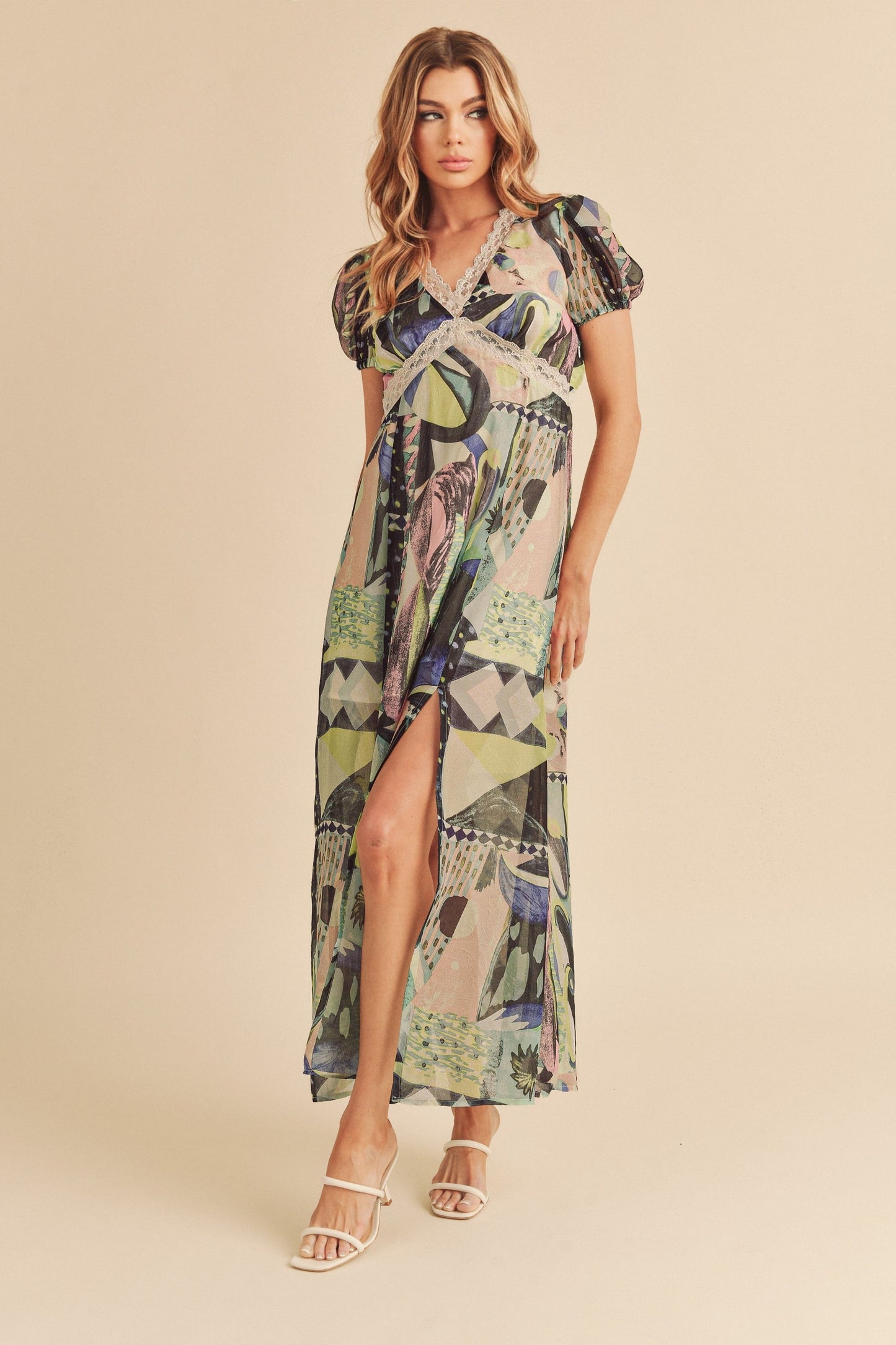 Hazel Blues® |  Aemi + Co Lace Detail Slit Geometric Print Short Sleeve Maxi Dress