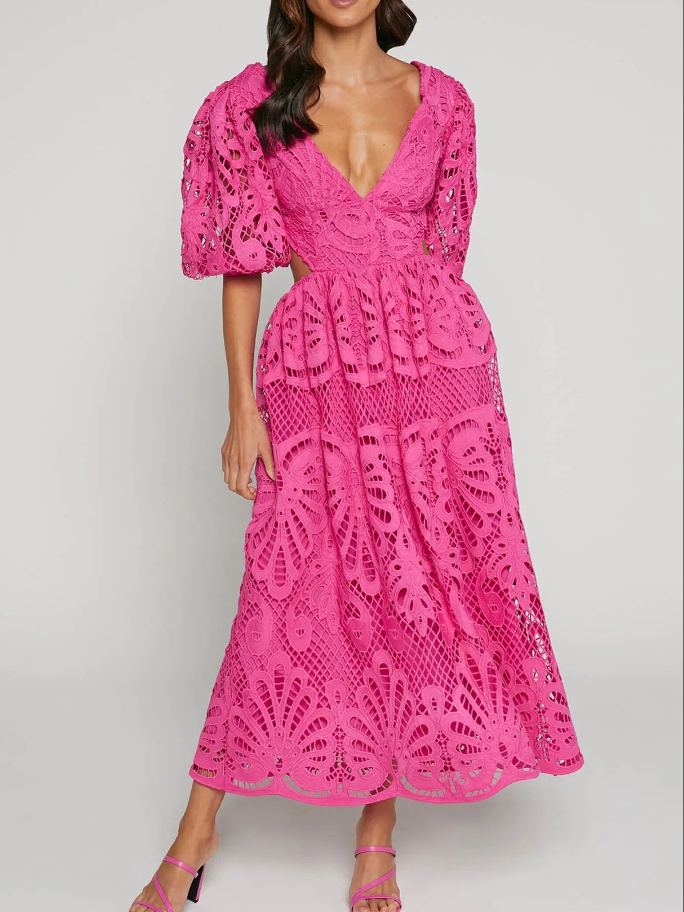 Hazel Blues® |  Cutout Back Lace Crochet V-Neck Dress