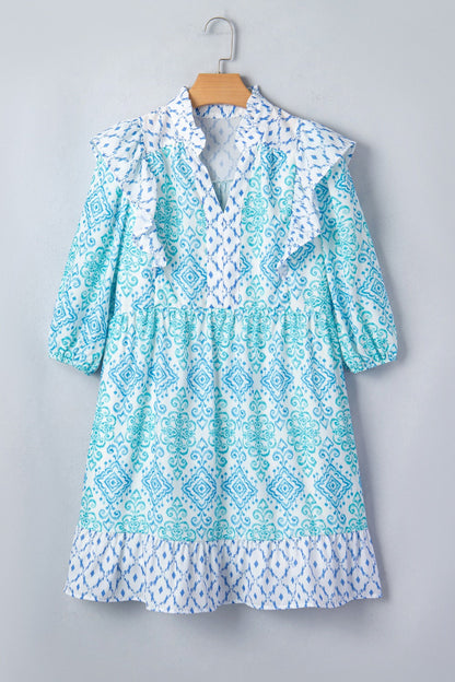 Hazel Blues® |  Floral Geometric Patchwork Ruffle Detail Puff Sleeve Mini Dress