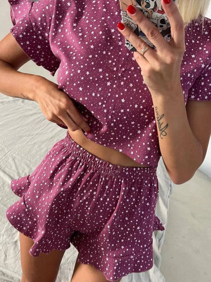Hazel Blues® |  Printed Crop Top and Ruffled Shorts Lounge Set