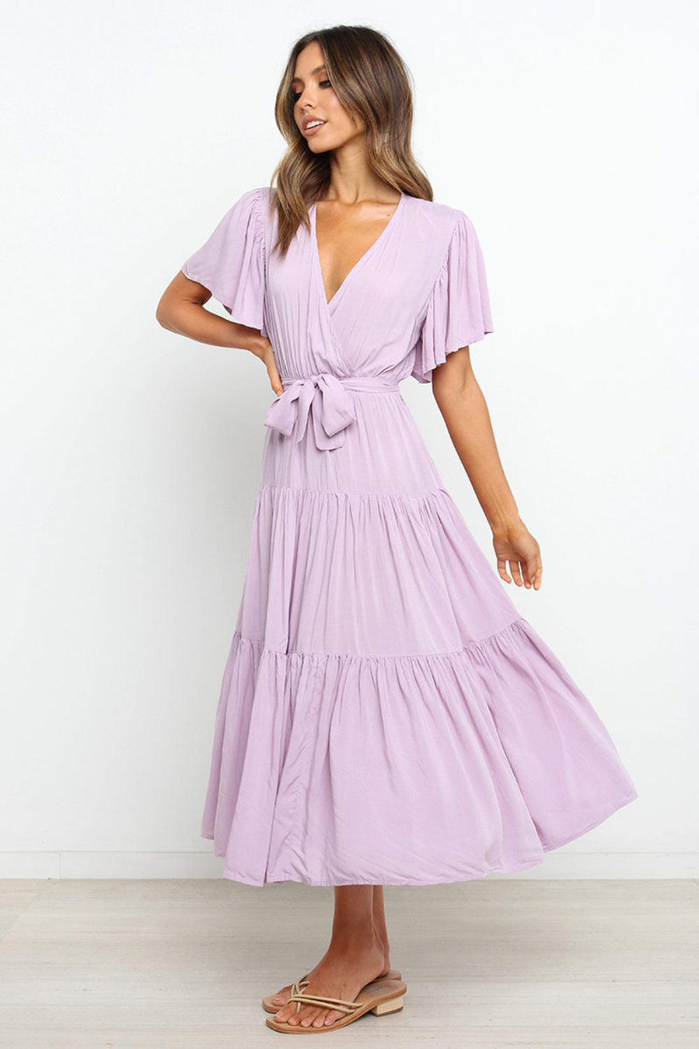 Hazel Blues® |  Tied Back Tiered Short Sleeve Midi Dress
