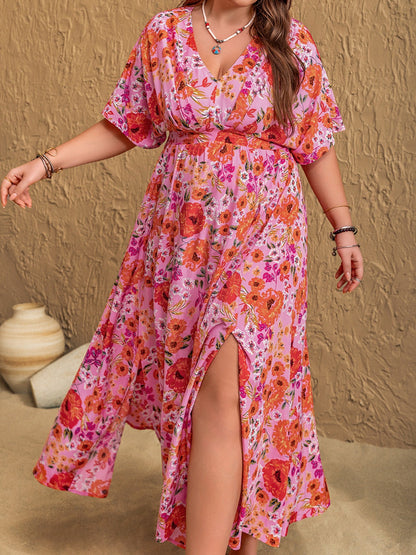 Hazel Blues® | Slit Floral V-Neck Half Sleeve Maxi Dress