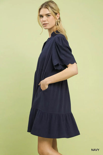 Hazel Blues® |  Umgee Linen Tiered Babydoll Dress with Scalloped Sleeves