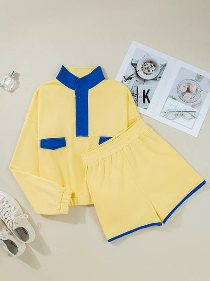 Hazel Blues® |  Color Block Patchwork Half Button Top and Shorts 2pcs Set