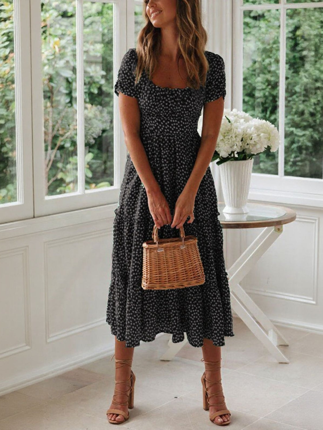 Hazel Blues® |  Printed Square Neck Short Sleeve Midi Dress