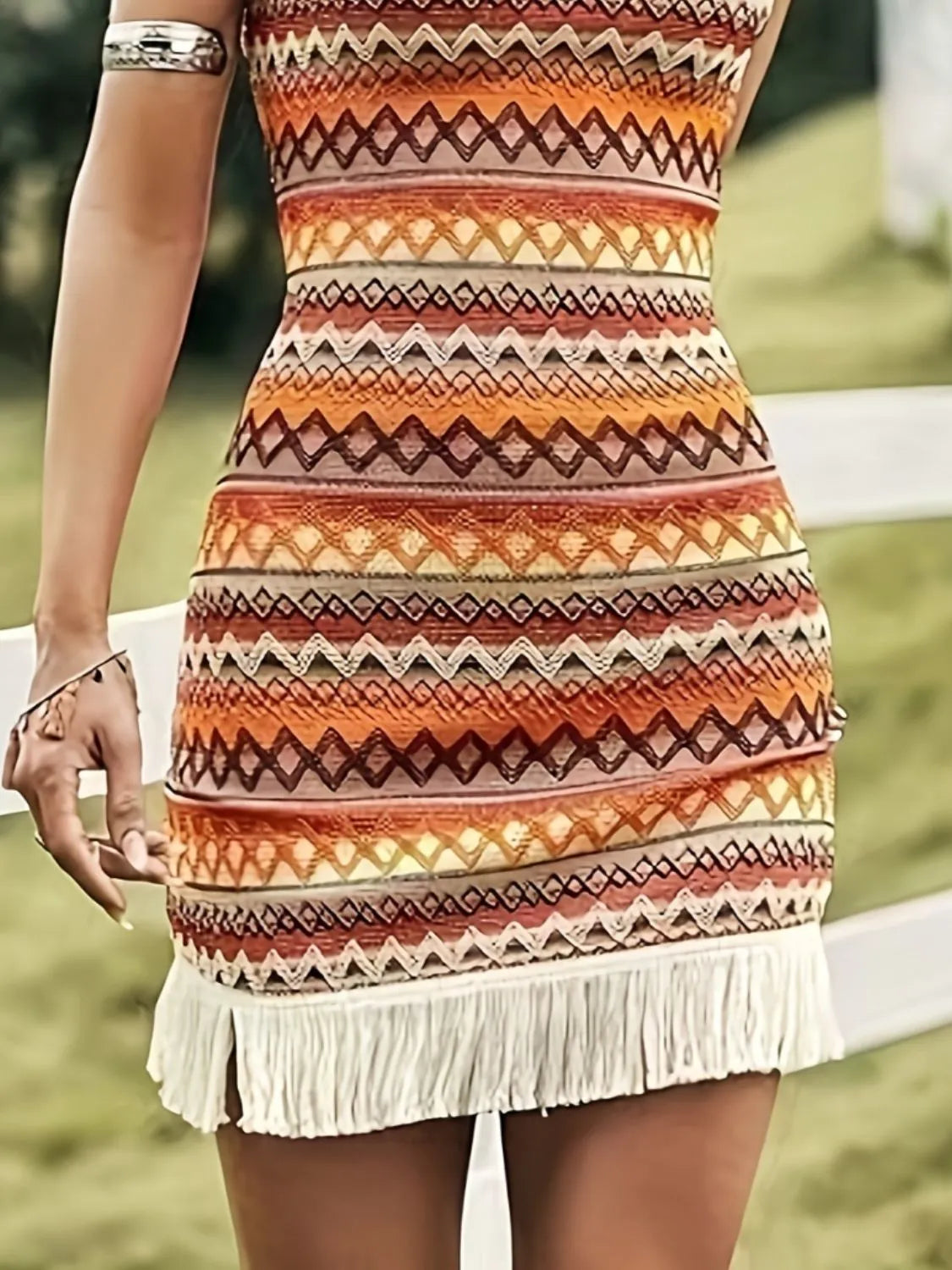 Hazel Blues® |  Fringe Grecian Neck Mini Dress
