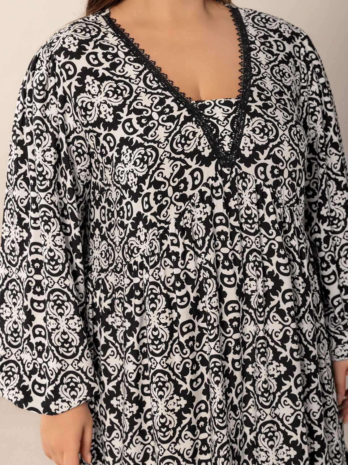 Hazel Blues® | Lace Detail Printed Balloon Sleeve Dress