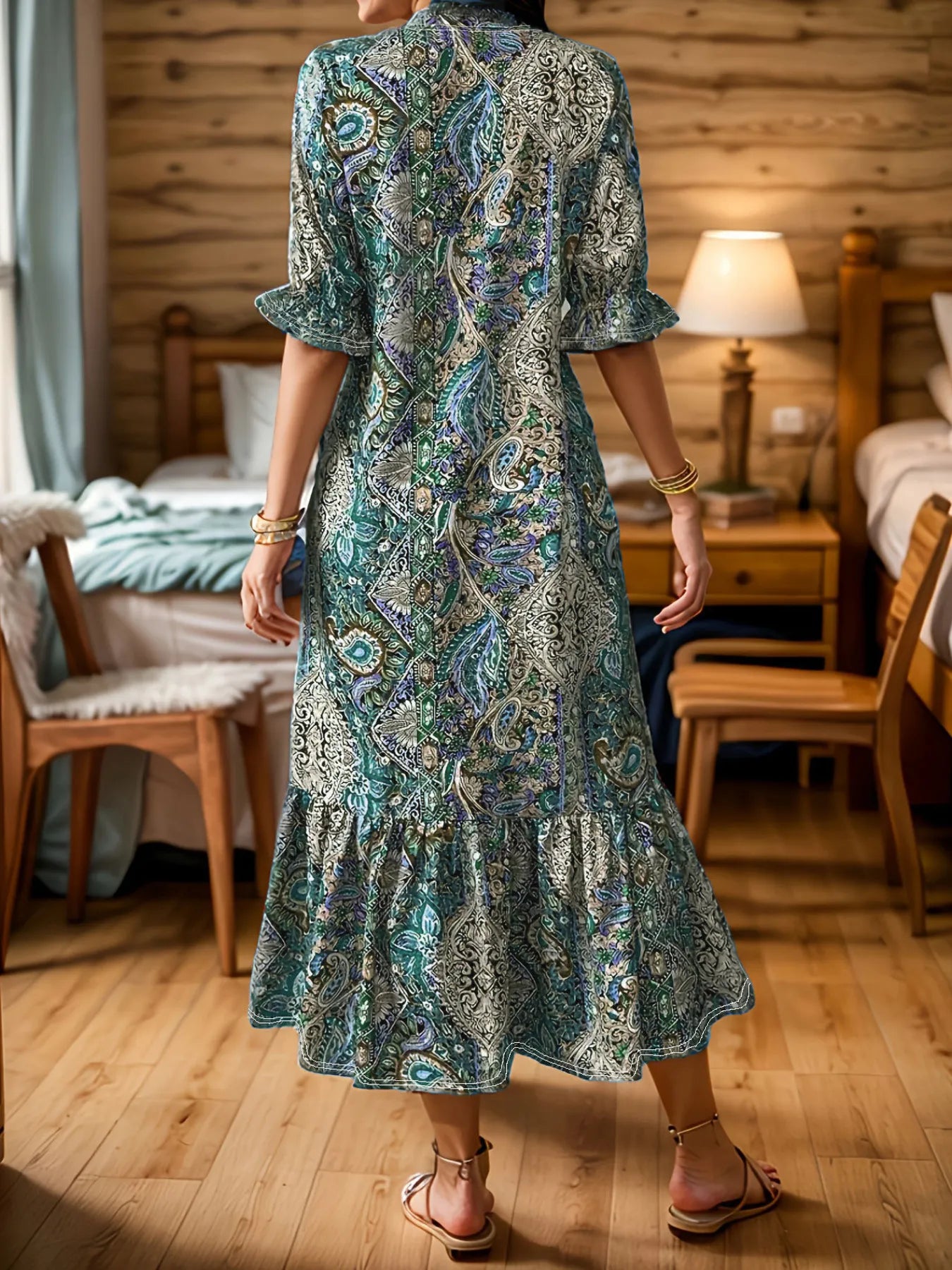 Hazel Blues® | Bohemian Paisley Print Ruffle Hem Midi Dress